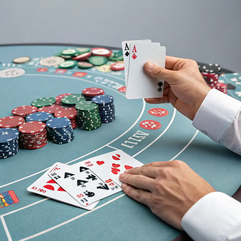 An image depicting playing cards arranged to total 21, set against a backdrop of a poker table to illustrate the game's objective.